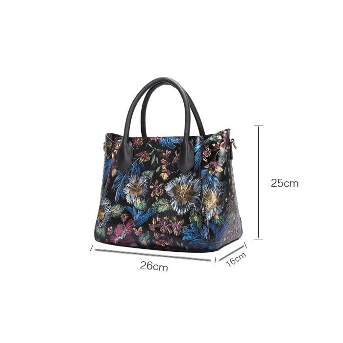 Black Flower Embossing Leather Tote Bags Hand-drawn Illustration