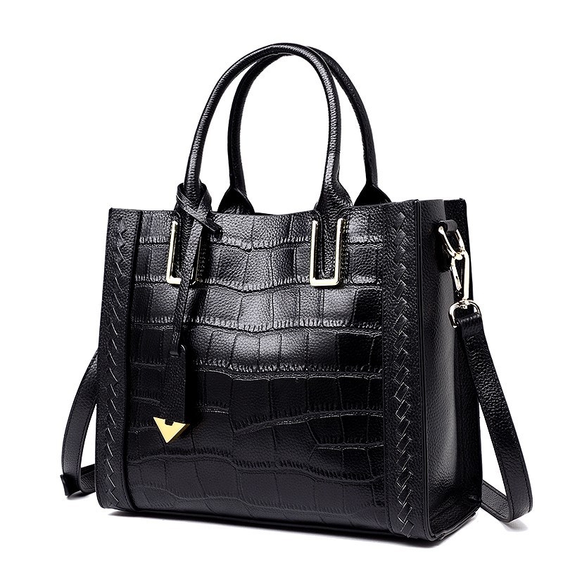 Black Genuine Leather Handbags Croc Printed Shoulder Bags