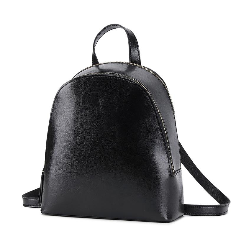 Black Genuine Leather Top Handle Double Zipper Backpack