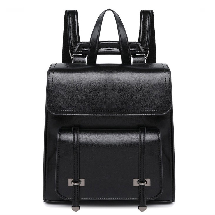 Black Genuine Leather Vintage Flap Backpack for College