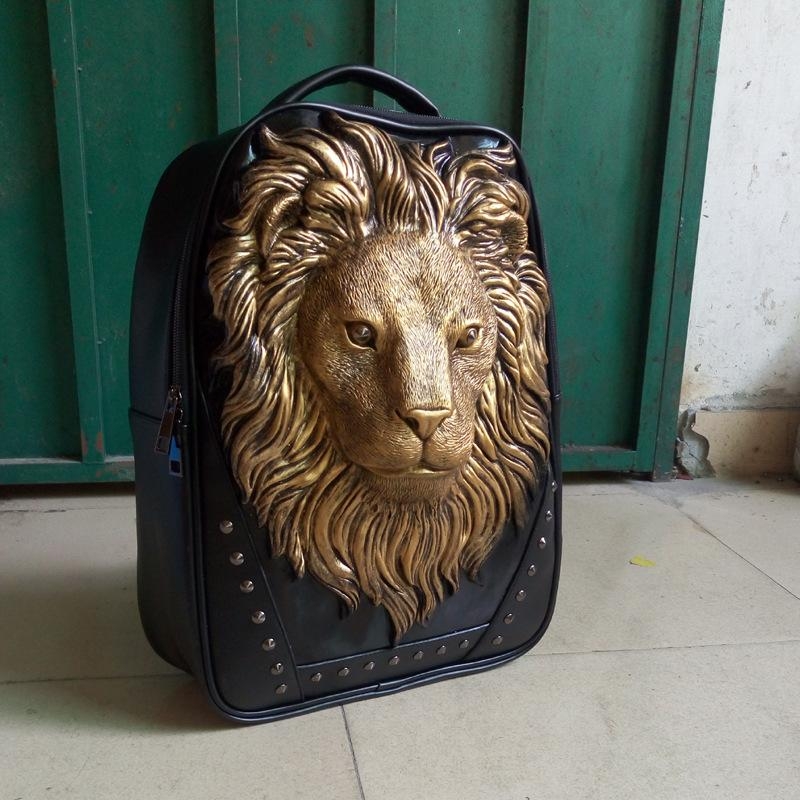 Gold Gothic Lion Head Embossed Rivets Zipper Backpack Handbags