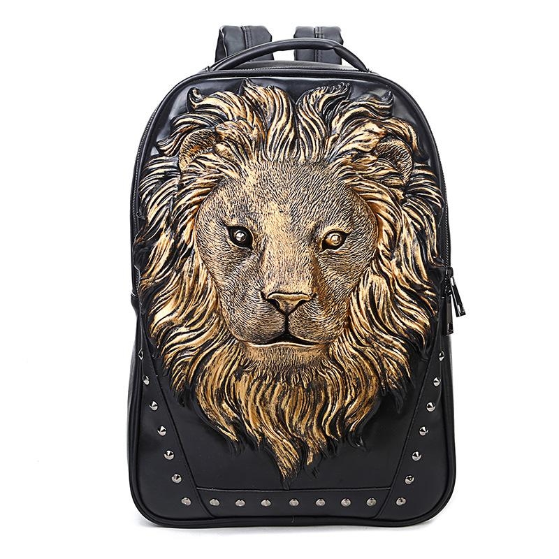 Silver Gothic Lion Head Embossed Rivets Zipper Backpack Handbags