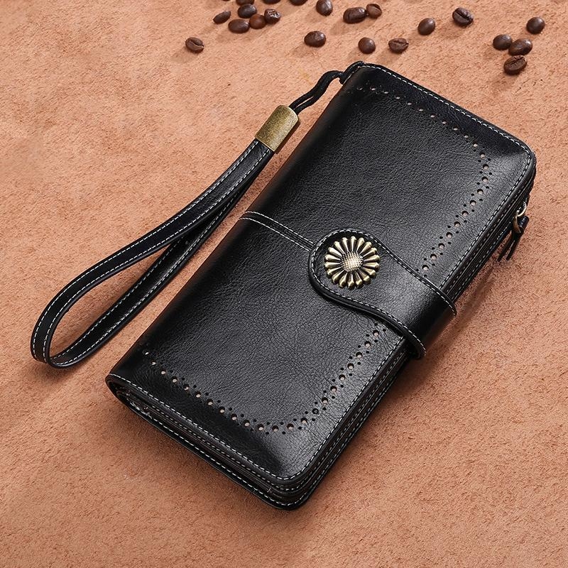 Black Hollow out Retro Leather Long Wallet