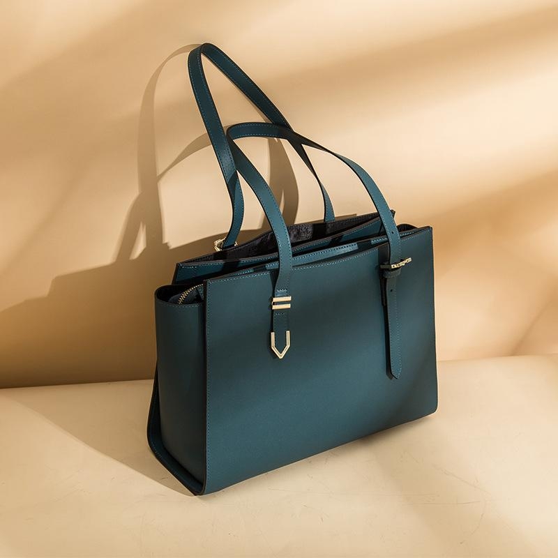 Blue Large Leather Tote Bag Handbags with Zipper