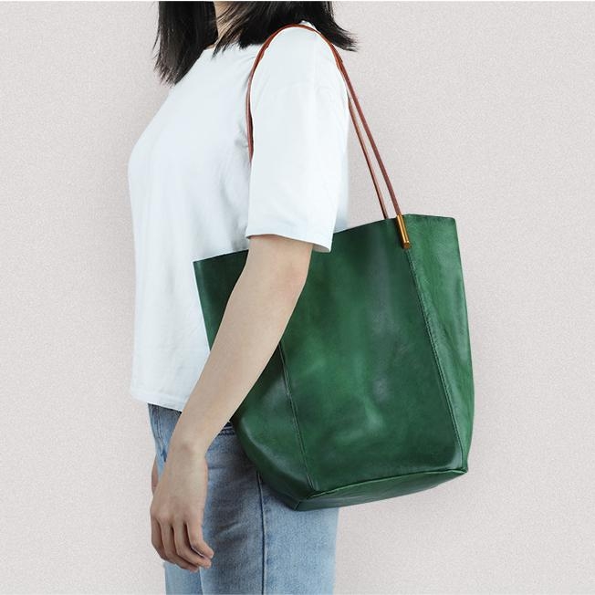 Green Large Vegetable Tanned Leather Tote Bag