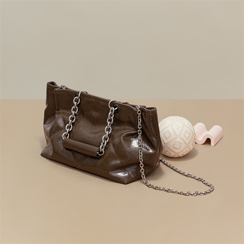Brown Leather Quilted Bag with Chain