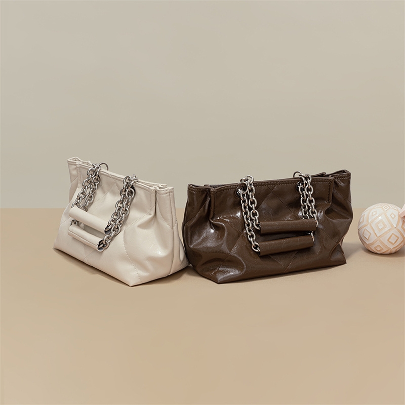 White Leather Quilted Bag with Chain
