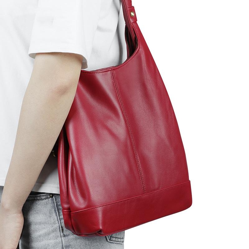 Red Leather Button Shoulder Bag Vintage Backpack