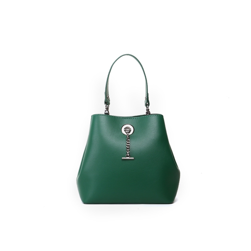 Green Leather Chain Lock Bucket Handbag Top Handle Crossbody Purse