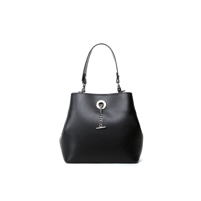 Black Leather Chain Lock Bucket Handbag Top Handle Crossbody Purse