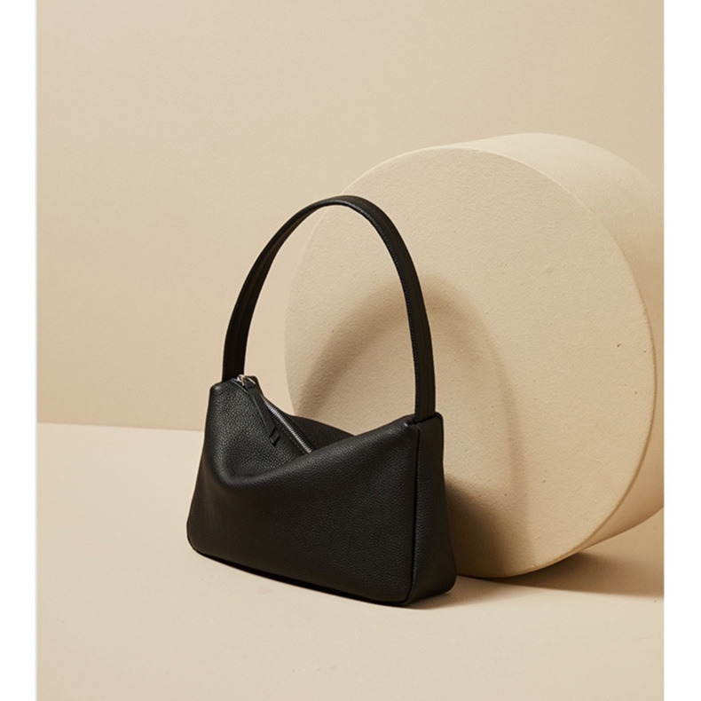 Black Leather Cube Square Shoulder Hobo Bag Zipper One Handle Simply Handbags