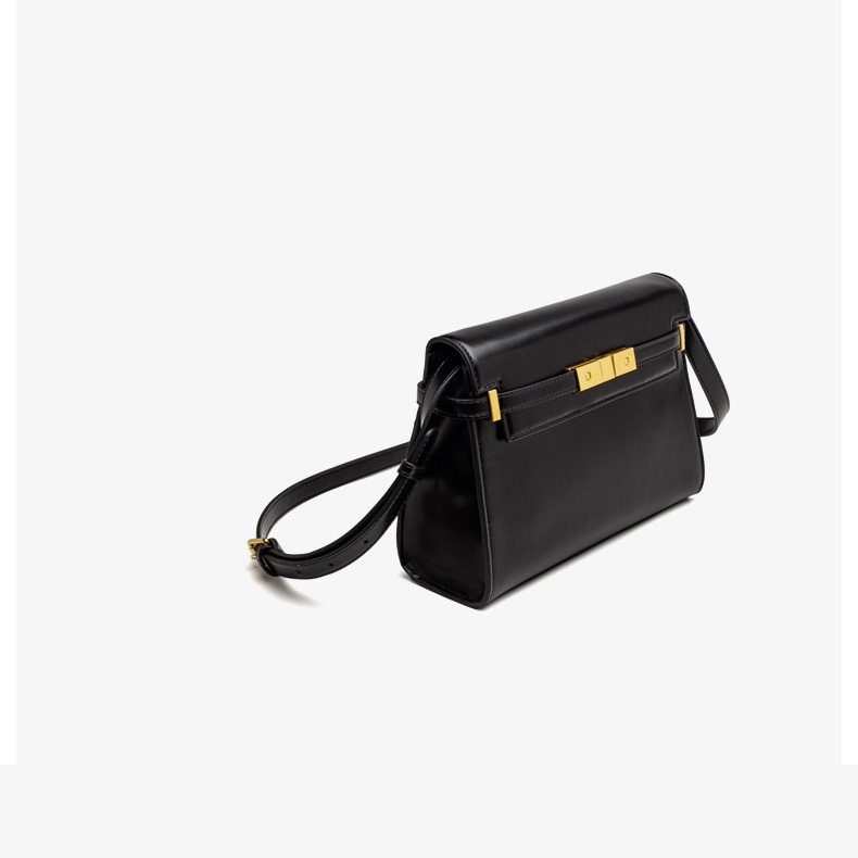Black Leather Gold Lock Crossbody Satchel Bag Handbags