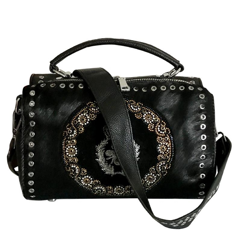 Black Horsehair Leather Handbags Bee Rhinestone Shoulder Boston Bags