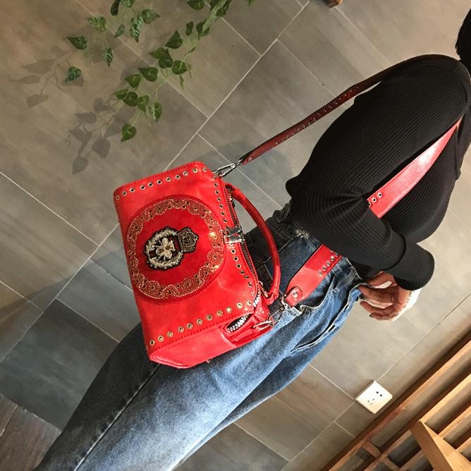 Red Horsehair Leather Handbags Bee Rhinestone Shoulder Boston Bags