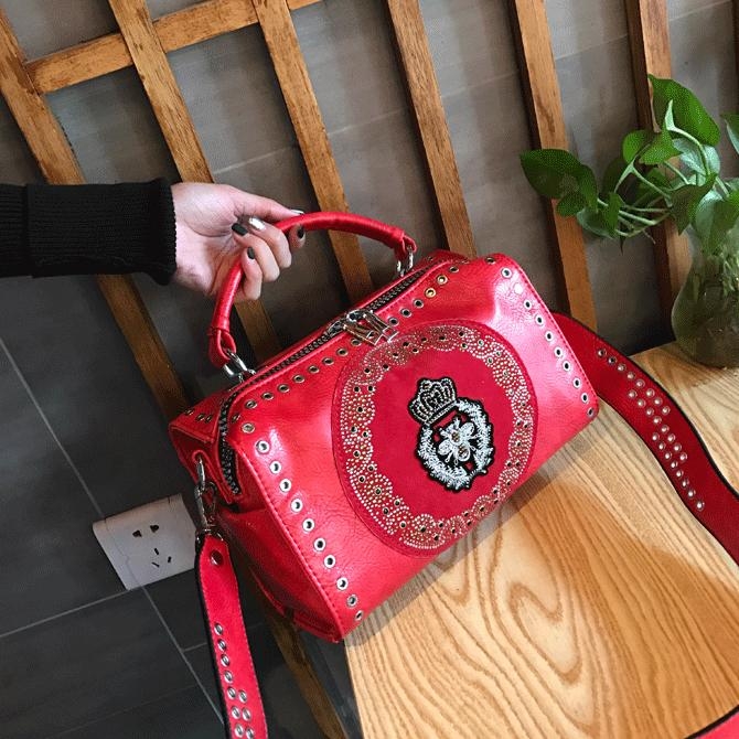 Red Horsehair Leather Handbags Bee Rhinestone Shoulder Boston Bags