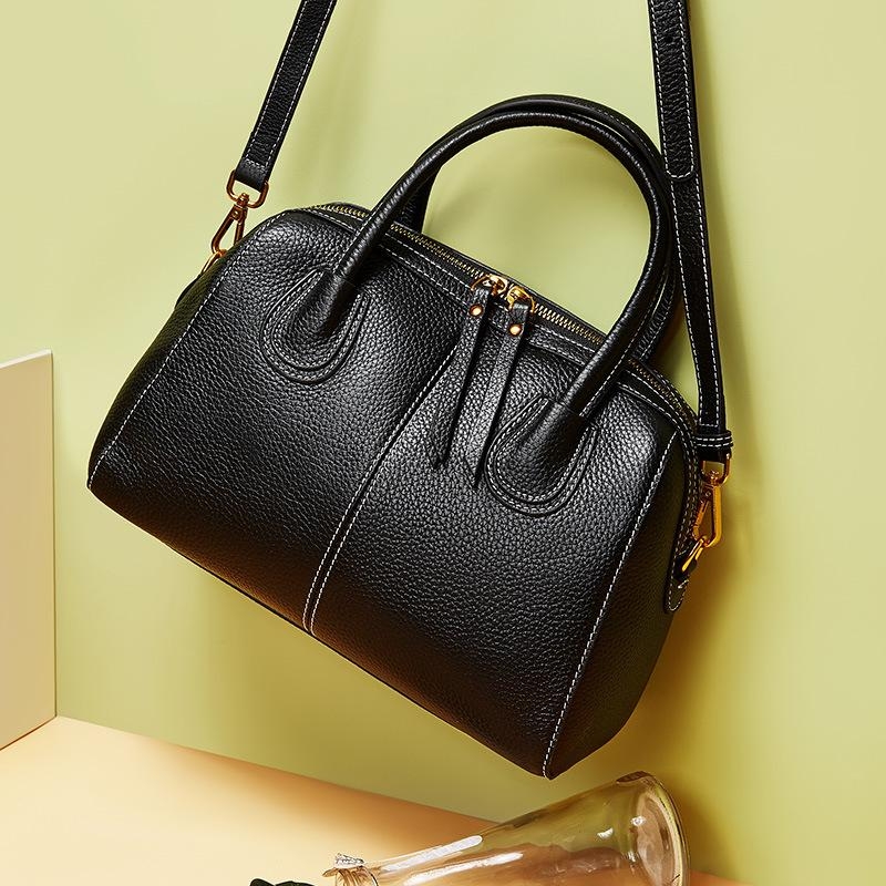 Black Leather Handbags Office Shoulder Boston Bag for Women