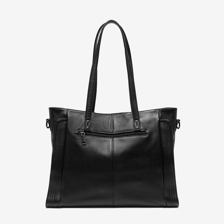 Black Leather Pocket Zipper Tote Bags Big Shoulder Bags
