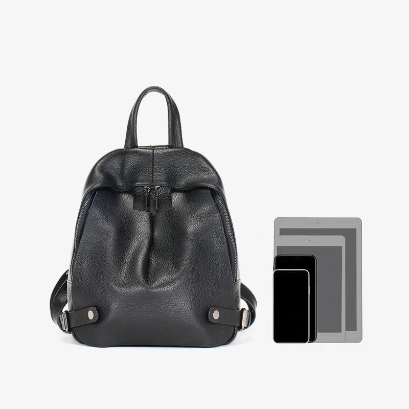 Black Litchi Grain Leather Zippered Backpack