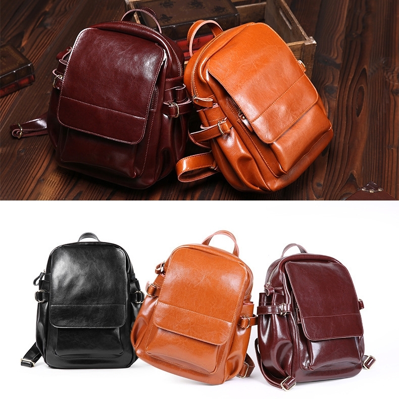 Black Long Flap Leather Backpack Retro College Style School Backpacks