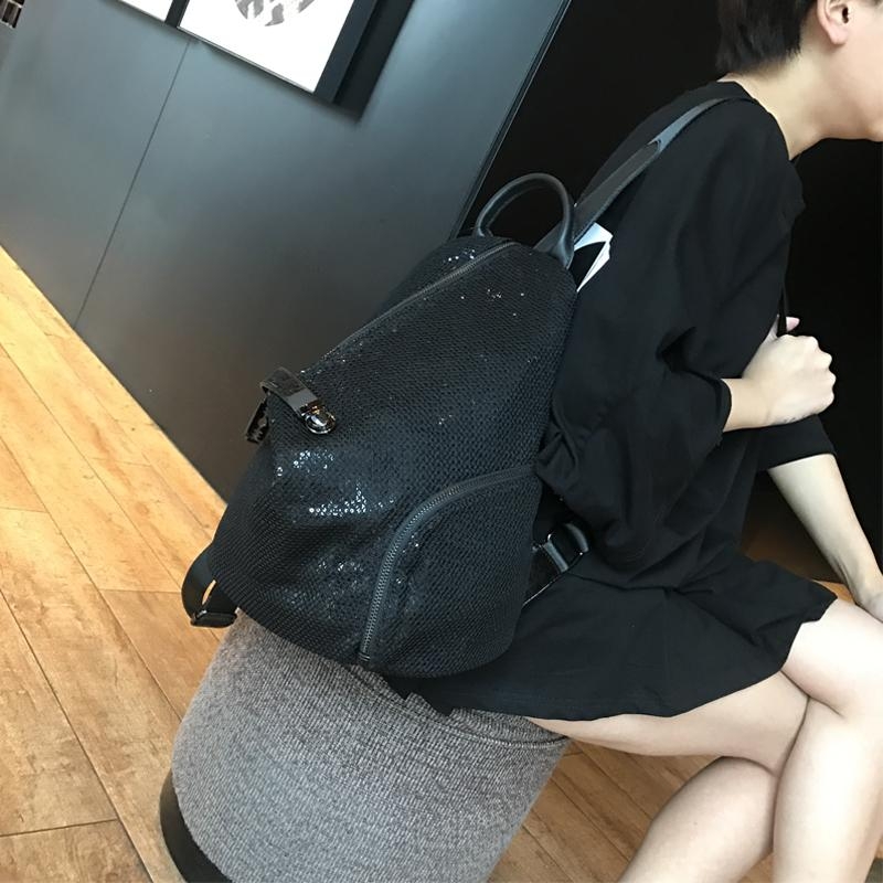 Black Punk Style Mesh Sequined Zipper Fashion Backpacks