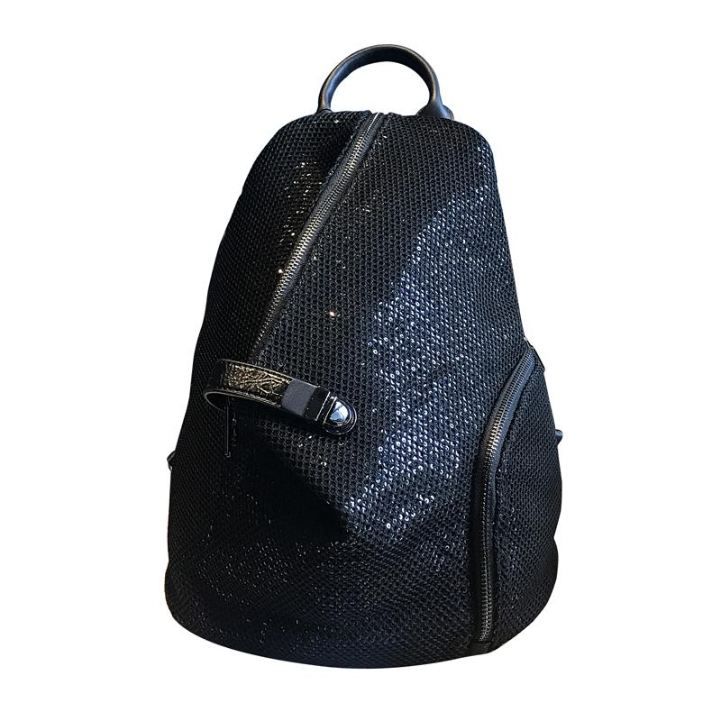 Black Punk Style Mesh Sequined Zipper Fashion Backpacks