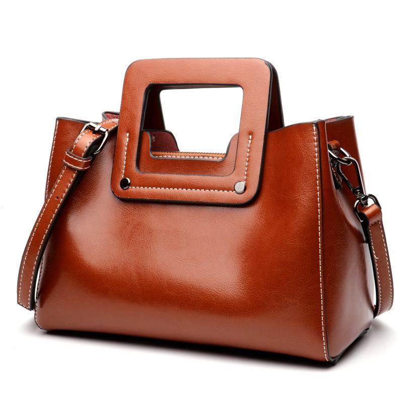 Black Retro Wide Strap Crossbody Bag Genuine Leather Zipper Handbags 