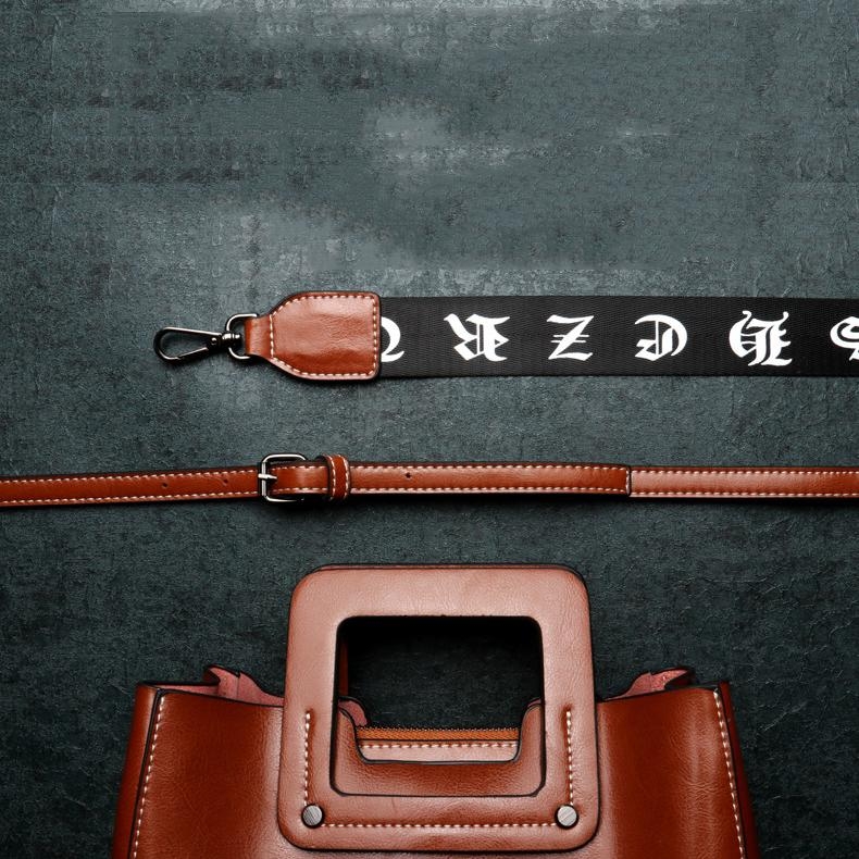 Black Retro Wide Strap Crossbody Bag Genuine Leather Zipper Handbags 