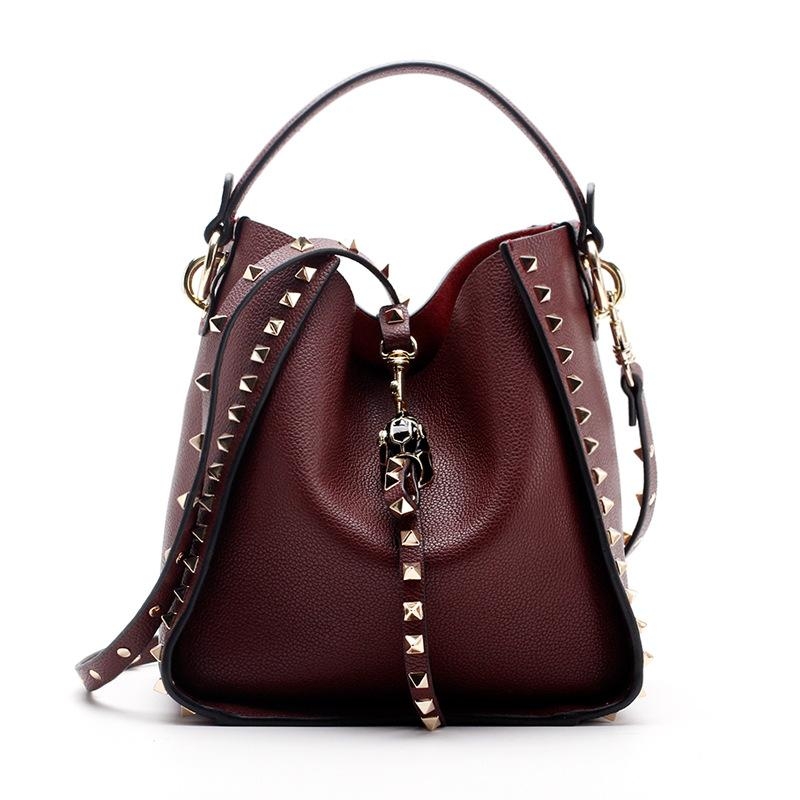 Black Rivets Leather Bucket Bags Shoulder Handbags