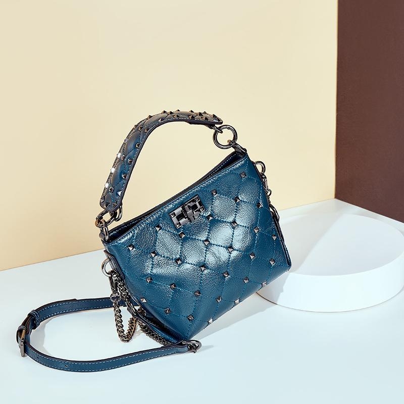 Dark Blue Rivets Top Handle Leather Bucket Handbags