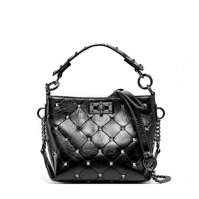 Black Rivets Top Handle Leather Bucket Handbags