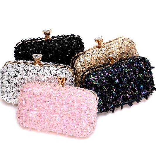 Black Sequins Top Handle Evening Box Clutch Purse With Chain Strap