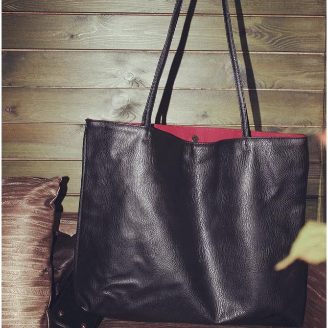 Black Soft Faux-Leather Tote Metallic Luster Large Shopper Bags