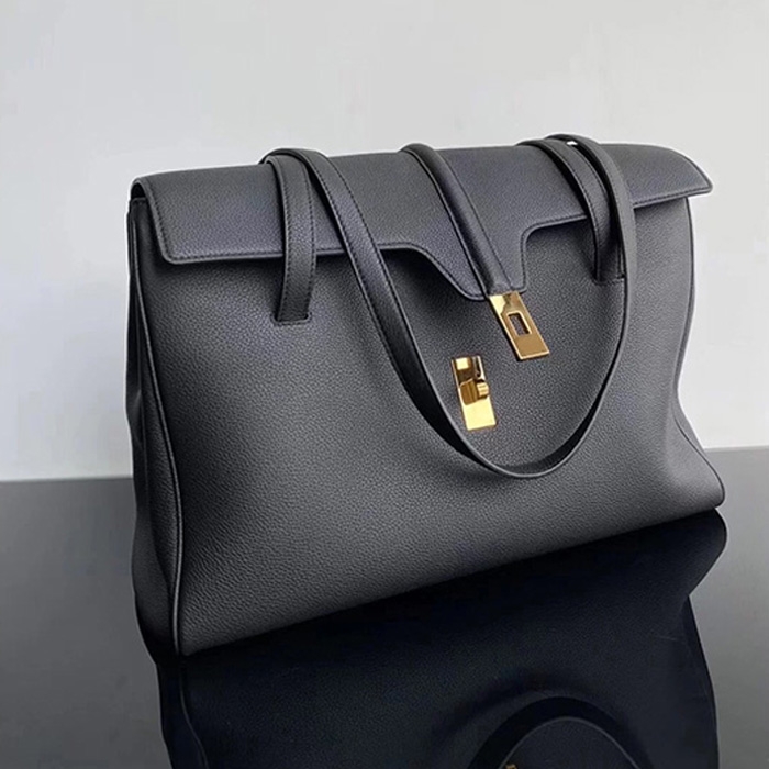 Black Soft Leather Tote Twist-Lock Satchel Shoulder Bags