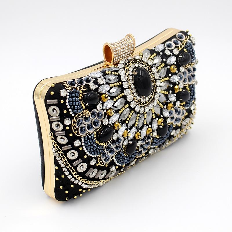 Black Square Beaded Rhinestone Evening Clutch Purse with Chain