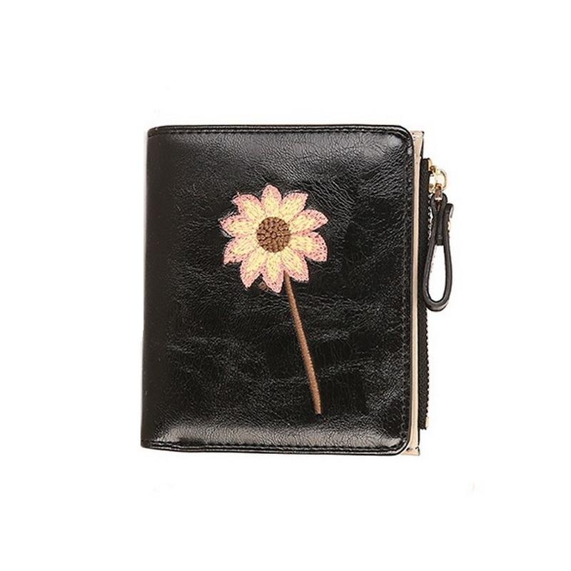 Dark Green Sunflower Embroidered Fold Wallet for Women