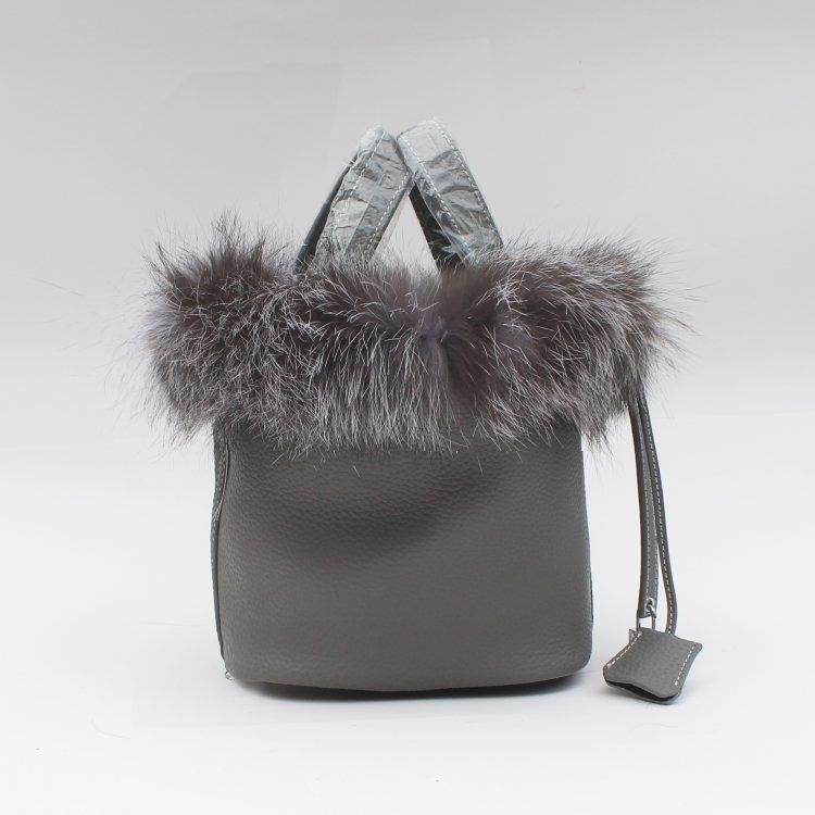 White Vegan Leather Faux Fur Bucket Handbags