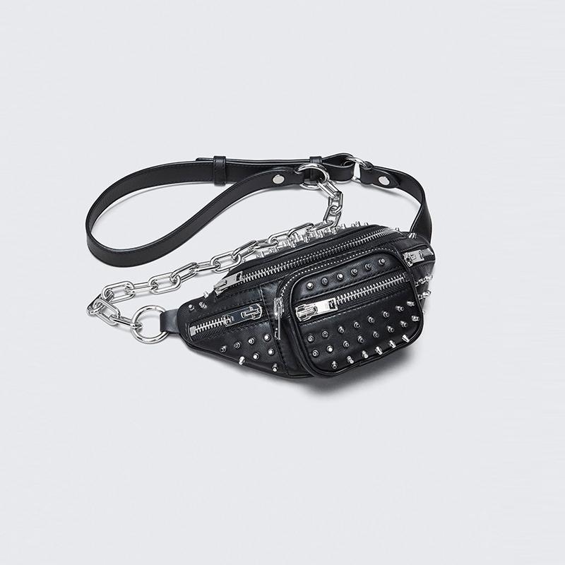 Women's Black Leather Studded  Belt Bags Fanny Pack Rock Waist Bags