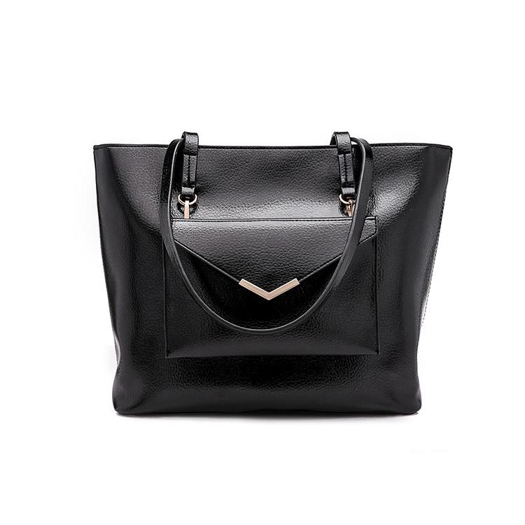 Black Vegan Leather Tote Bags with Pocket