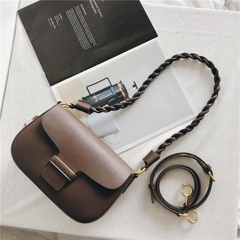 Coffee Vintage Genuine Leather Flap Crossbody Bag with Braided Strap
