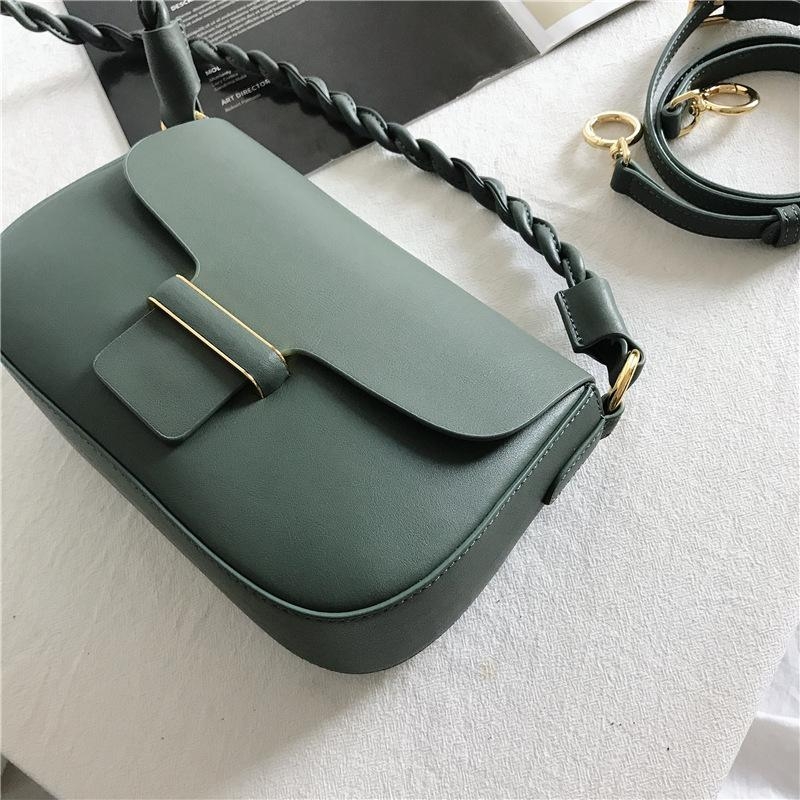 Green Vintage Genuine Leather Flap Crossbody Bag with Braided Strap