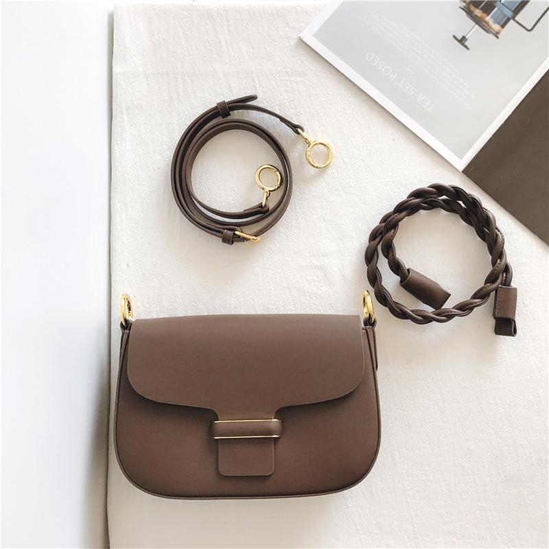 Coffee Vintage Genuine Leather Flap Crossbody Bag with Braided Strap