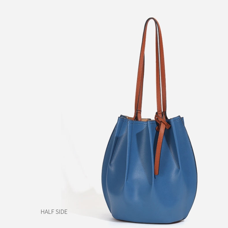 Blue Leather Soft Bucket Bag Top Handle Handbag with Inner Purse
