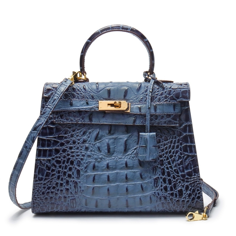 Blue Croc-Effect Leather Handbags Lock Satchel Handbags