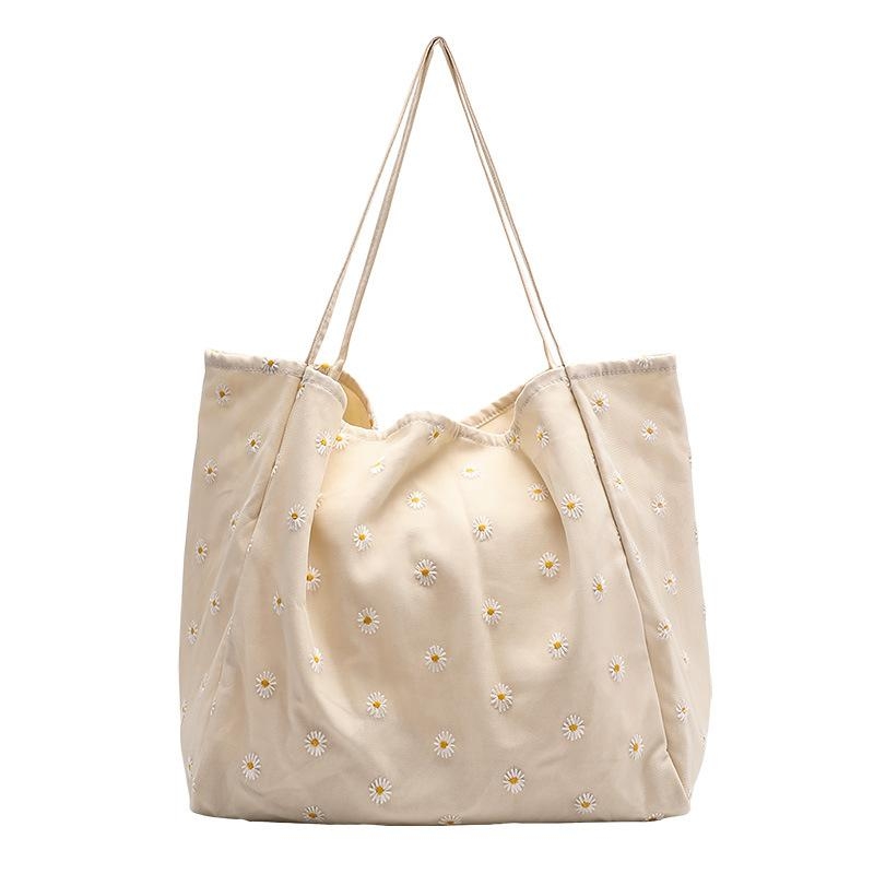 White Daisy Embroidery Large Shopper Bag Canvas Tote Eco Bags