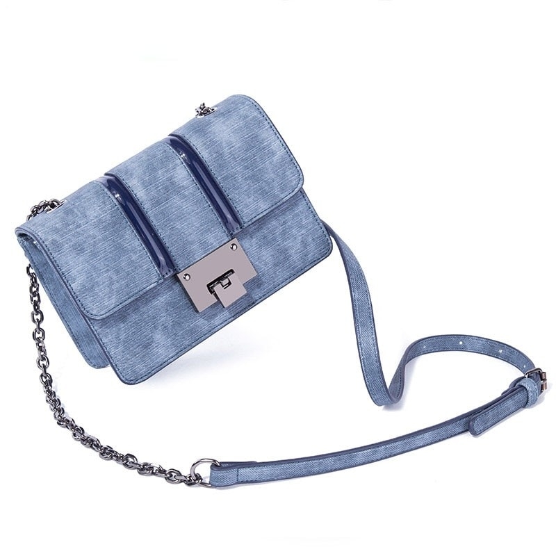 Blue Denim Printed Flap Square Crossbody Purses Chain Bags