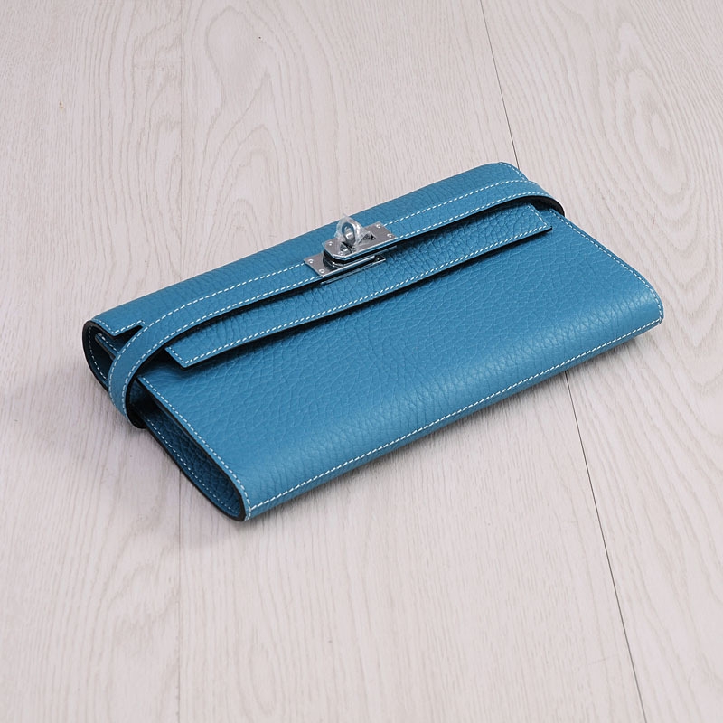 Blue Genuine Leather Clutch Purse Lock Long Wallet