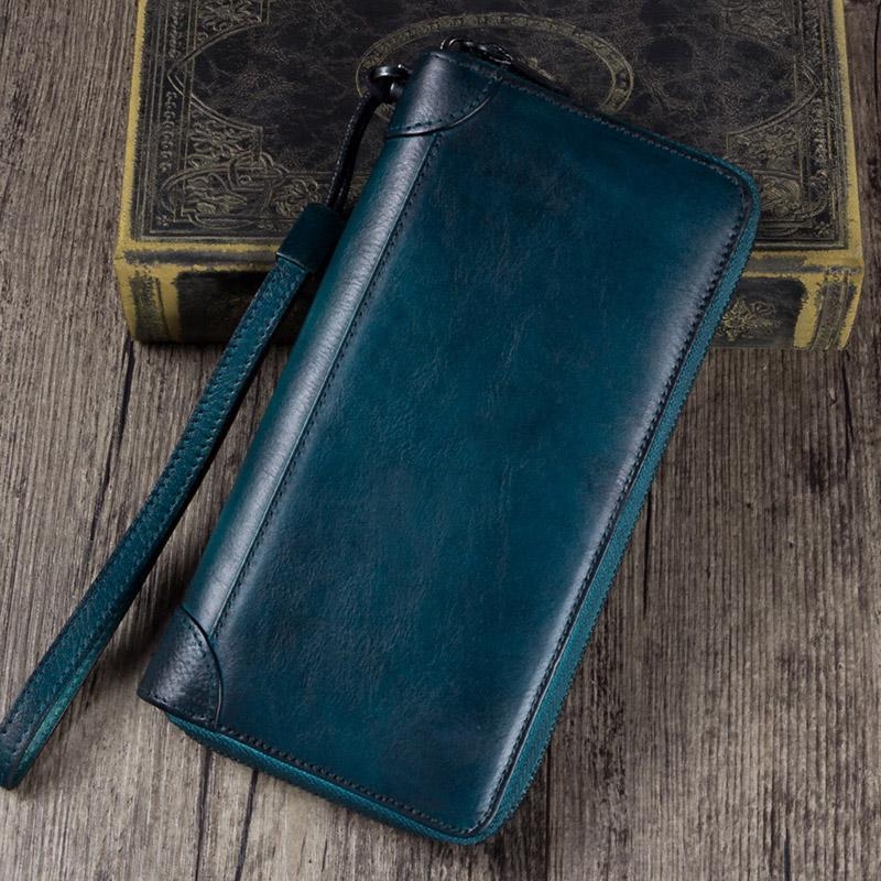Blue Hand-made Cowhide Leather Wallet Zipper Long Wallet