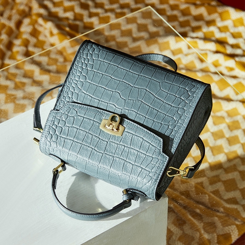 Blue Leather Croc Print Crossbody Satchel Bag Top Handle Flap Handbag