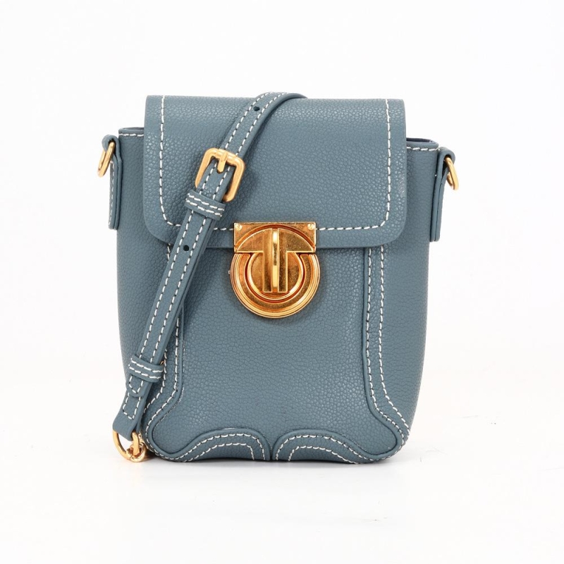 Blue Leather Crossbody Turnlock Cell Phone Purse with Chain