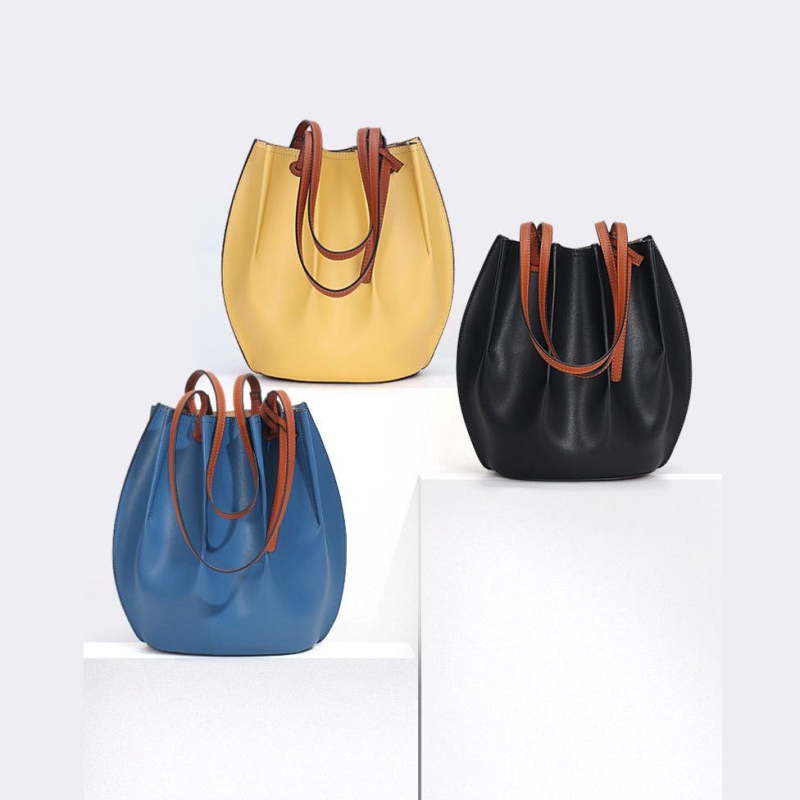 Blue Leather Soft Bucket Bag Top Handle Handbag with Inner Purse